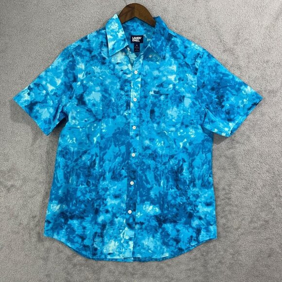 NWOT Lands' End Men's M Blue Tie-Dye Button-Up Shirt Traditional Fit 100% Cotton - Picture 1 of 7